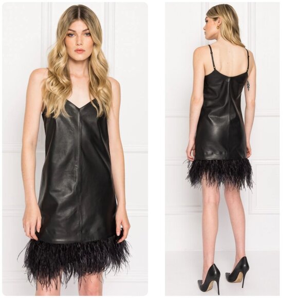 Aqua Faux Leather Slip Dress Womens Small Black Feather Trim Party  Whimsigoth - Picture 1 of 16